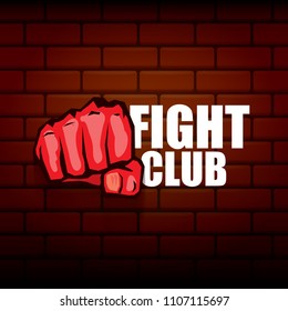 fight club vector logo with red man fist isolated on brick wall background. MMA Mixed martial arts concept design template