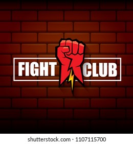 fight club vector logo with red man fist isolated on brick wall background. MMA Mixed martial arts concept design template