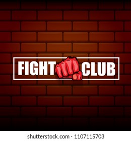 fight club vector logo with red man fist isolated on brick wall background. MMA Mixed martial arts concept design template