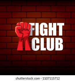 fight club vector logo with red man fist isolated on brick wall background. MMA Mixed martial arts concept design template