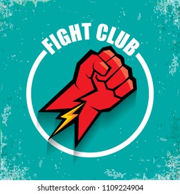 fight club vector logo with red man fist isolated ongrune azure background. MMA Mixed martial arts concept design template