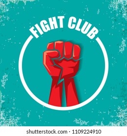 fight club vector logo with red man fist isolated ongrune azure background. MMA Mixed martial arts concept design template