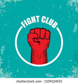 fight club vector logo with red man fist isolated ongrune azure background. MMA Mixed martial arts concept design template