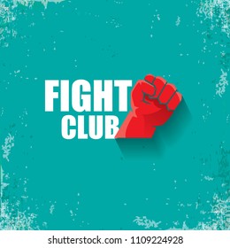 fight club vector logo with red man fist isolated ongrune azure background. MMA Mixed martial arts concept design template