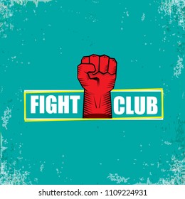fight club vector logo with red man fist isolated ongrune azure background. MMA Mixed martial arts concept design template