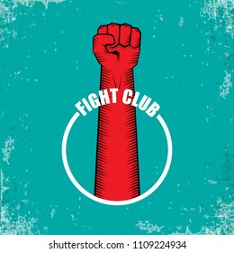 fight club vector logo with red man fist isolated ongrune azure background. MMA Mixed martial arts concept design template