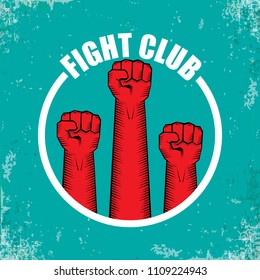 fight club vector logo with red man fist isolated ongrune azure background. MMA Mixed martial arts concept design template