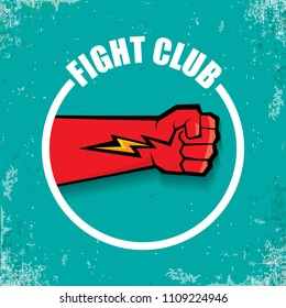 fight club vector logo with red man fist isolated ongrune azure background. MMA Mixed martial arts concept design template