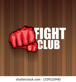 fight club vector logo with red man fist isolated on dark wooden plate  background. MMA Mixed martial arts concept design template