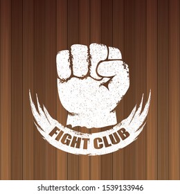 fight club vector logo with red man fist isolated on dark wooden plate  background. MMA Mixed martial arts concept design template
