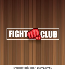 fight club vector logo with red man fist isolated on dark wooden plate  background. MMA Mixed martial arts concept design template