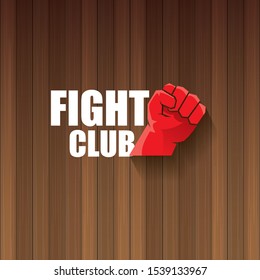 fight club vector logo with red man fist isolated on dark wooden plate  background. MMA Mixed martial arts concept design template