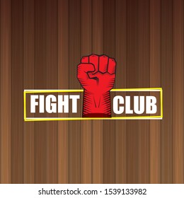 fight club vector logo with red man fist isolated on dark wooden plate  background. MMA Mixed martial arts concept design template
