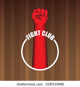 fight club vector logo with red man fist isolated on dark wooden plate  background. MMA Mixed martial arts concept design template