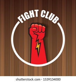 fight club vector logo with red man fist isolated on dark wooden plate  background. MMA Mixed martial arts concept design template