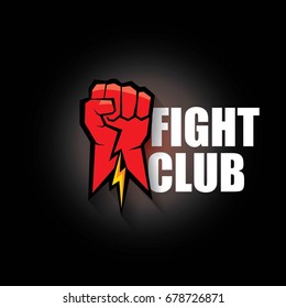 fight club vector logo with red man fist on blue background. MMA Mixed martial arts concept design template