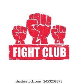 fight club vector red logo or label with grunge red man fist isolated on transparent white background. MMA Mixed martial arts concept design template. Fighting club label for print on tee