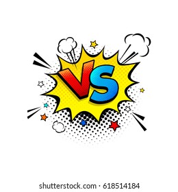 Fight comic speech bubble with expression text VS or versus, clouds and stars Vector bright dynamic cartoon illustration in retro pop art style isolated on white background.