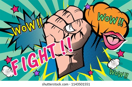 Fight concept.Fist hand.hitting,crushing blow or strong punch.Pop art retro background.Comic Cartoon style.Template design for banner, flyer,invitation,poster, web or greeting card.vector illustration