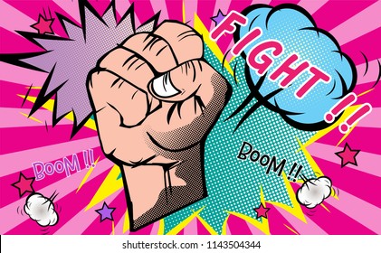Fight concept.Fist hand.hitting,crushing blow or strong punch.Pop art retro background.Comic Cartoon style.Template design for banner, flyer,invitation,poster, web or greeting card.vector illustration