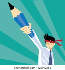 Fight concept.Young man holding pencil ready for solving problems-vector