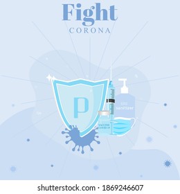 fight corona illustration with protective shield, hand sanitizer, vaccine and a face mask elements, background illustration, concept art, banner art