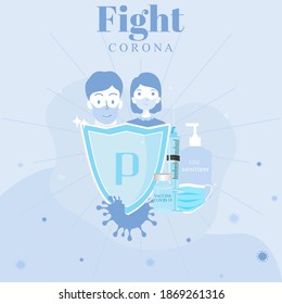 fight corona save lives illustration with human figure cartoons and protective selef care elements, hand sinitizer, face mask, vaccine vector graphic art