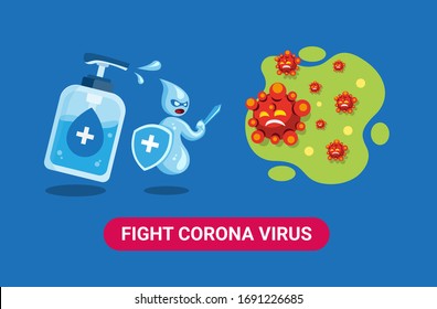 Fight corona virus with hand sanitizer to protection from infection disease. cartoon flat illustration vector