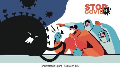 Fight With Coronavirus Concept. Illustration Of A Doctor Fighting With Covid-19 Corona Virus. Disease Campaign Poster. Vector