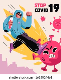 Fight with Coronavirus concept. Illustration of a doctor fighting with covid-19 corona virus. Disease campaign poster. Vector