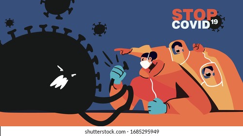 Fight with Coronavirus concept. Illustration of a doctor fighting with covid-19 corona virus. Disease campaign poster. Vector