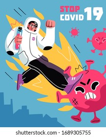 Fight with Coronavirus concept. Illustration of a doctor fighting with covid-19 coronavirus. Disease campaign poster. Vector