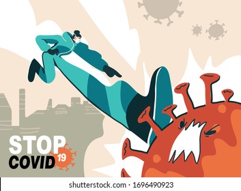 Fight With Coronavirus Concept. Illustration Of A Doctor Fighting With Covid-19 Corona Virus. Disease Campaign Poster. Vector