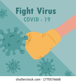 Fight with Coronavirus concept. Illustration of a doctor fighting with covid-19 corona virus. 