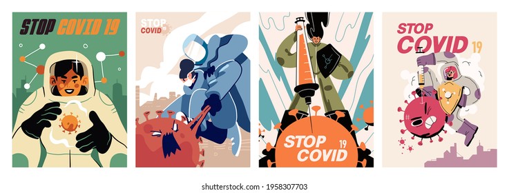 Fight with Coronavirus concept. Set of posters with illustrations of fighting with covid, corona virus. Disease campaign poster. Vector