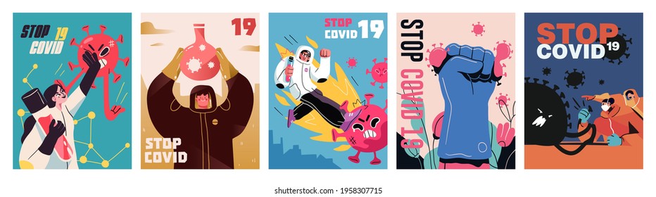 Pelea con el concepto de Coronavirus. Afiches con ilustraciones de la lucha con el virus cóvido y corona. Afiche de la campaña contra la enfermedad. Vector