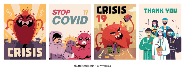 Fight with Coronavirus concept. Set of posters with illustrations of fighting with covid, corona virus. Disease campaign poster. Vector