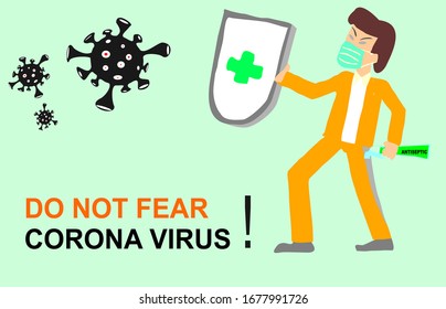 Fight Coronavirus (COVID-19). No fear of corona virus. Vector illustration. Fight the corona virus by using health protection, health masks, coronavirus antiseptics.