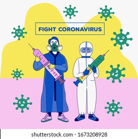 Fight coronavirus with doctors wearing hygiene suit and carrying syringe surrounded with virus cartoon, illustration, vector. 