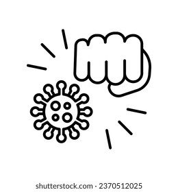 Fight coronavirus icon. Fist kicking, fist kick by bacteria for protect virus, punching hands to Conquer infection disease with hand fist attack. line Vector illustration design,white background EPS10