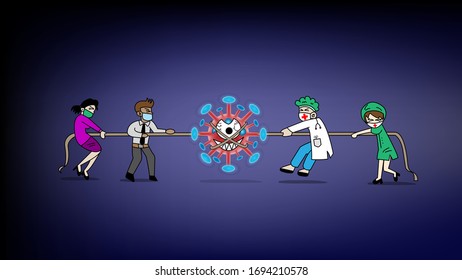 Fight Coronavirus outbreak concept. Doctor, nurse and people wearing sanitary mask try to stop Covid-19 
by pulling the rope.