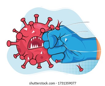 Fight coronavirus. Strong arm in blue medical protective glove punching and crash covid-19 virus bacteria mascot. Vector illustration.