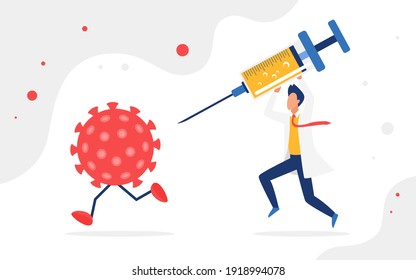 Fight coronavirus, vaccination concept vector illustration. Cartoon viral cell character running from person with vaccine syringe injection, man attacking fighting covid19 virus isolated on white