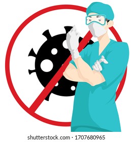 Fight coronavirus. Vector illustration of doctor in face mask confident raise arm. And icon with stop covid-19. Isolated on white background.