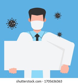 Fight with covid-19 corona virus concept. Vector illustration of cartoon character in flat style. Doctor bringing white board with blank text. Can be used for medical and healthcare graphic asset.