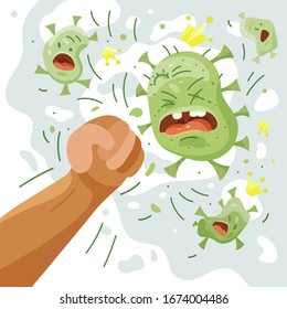 Fight covid-19 corona virus. Cure corona virus. A man punches a virus. People fight bacteria. Vector cartoon illustration vaccine concept, end of 2019-ncov. don't be afraid of the disease concept