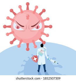 Fight covid-19 corona virus, Doctor holding Covid-19 vaccine to fight virus cell, Coronavirus, 2019-nCoV, covid-19, Last boss virus concept, Concept of fight against virus.