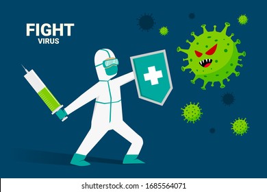 fight Covid-19 Corona Virus Vector cartoon illustration concept. cure coronavirus. doctor with protective cloth hazmat suit for fighting virus with vaccine injection. contagious virus outbreak global.