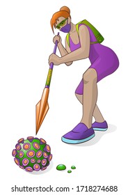 Fight covid-19 corona virus. Woman kills the virus with immunity spear. End of 2019-ncov. Isolated on white. Vector Illustration.