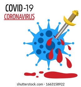 Fight COVID-19, Coronavirus, 2019-nCoV blue color, Bacteria and sword on white background, icon vector illustration isolated